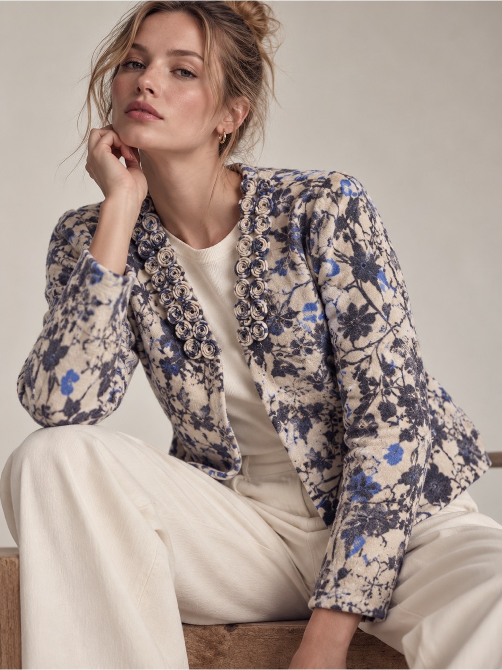 100% Wool Floral Peplum Jacket Cardigan Size L by Tabitha Botanical Grandmacore